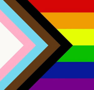 bandera del progreso lgbt cortada a la mitad para ver sus franjas y colores